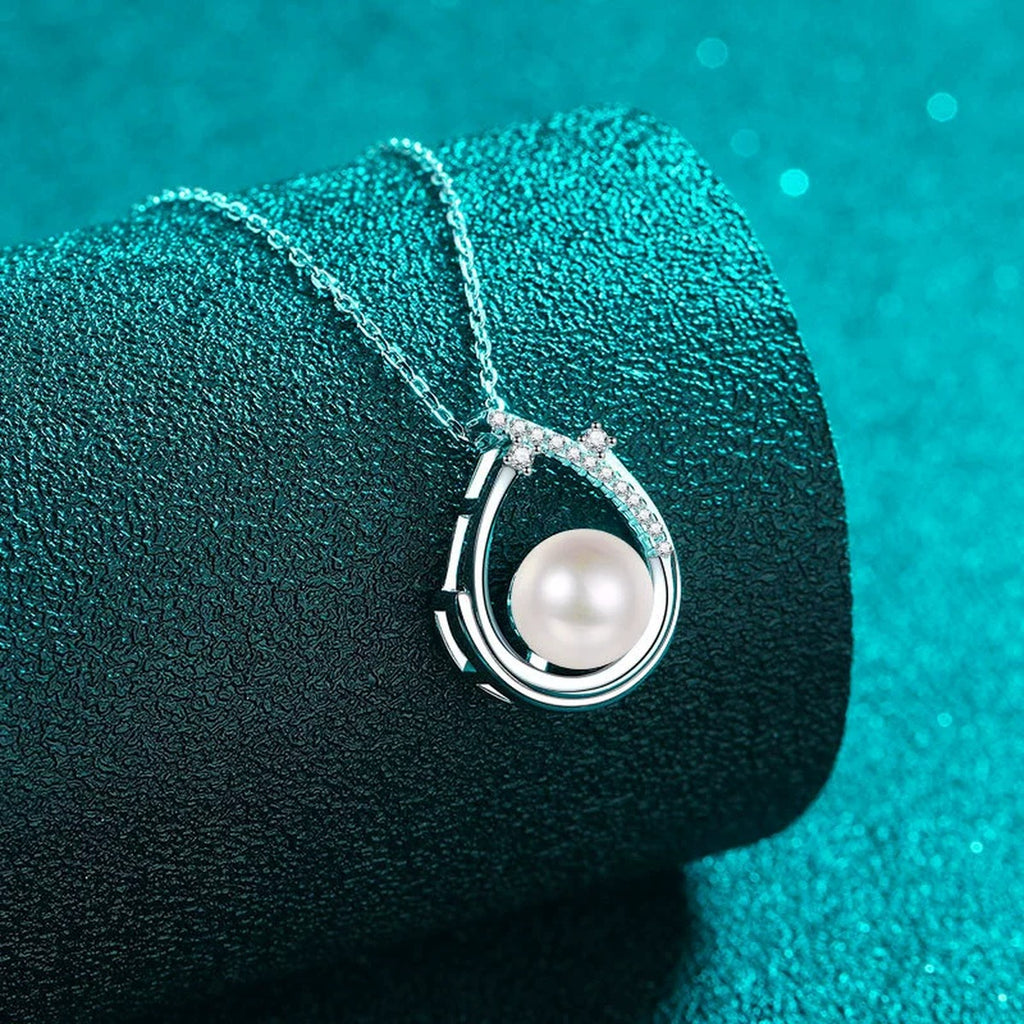 Open Teardrop Moissanite Pearl Necklace in Rhodium-Plated S925 sterling silver angled product detail view