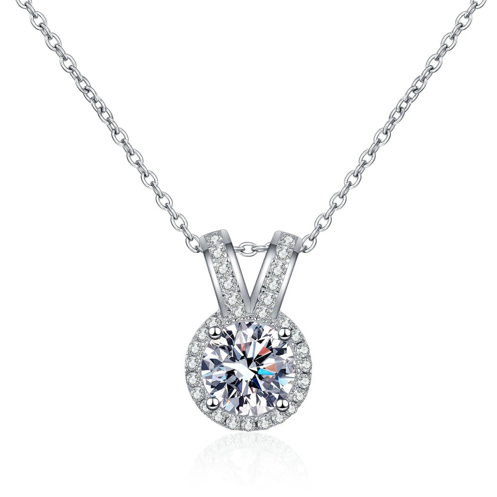 V Halo Moissanite Pendant Necklace with CZ in Rhodium-Plated S925 sterling silver white background product photo showing round moissanite pendant with a V-shaped halo accent