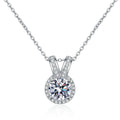 V Halo Moissanite Pendant Necklace with CZ in Rhodium-Plated S925 sterling silver white background product photo showing round moissanite pendant with a V-shaped halo accent