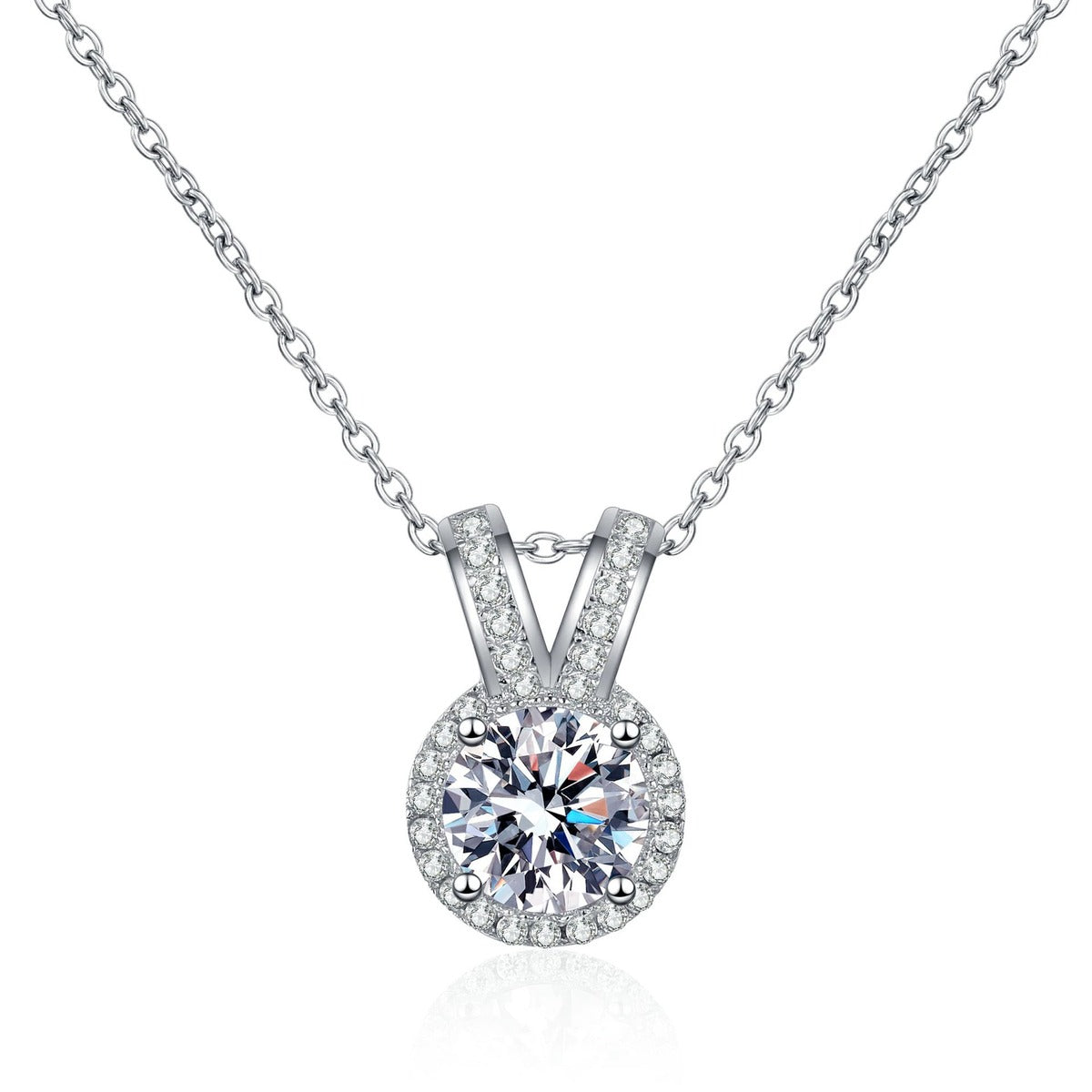 V Halo Moissanite Pendant Necklace with CZ in Rhodium-Plated S925 sterling silver white background product photo showing round moissanite pendant with a V-shaped halo accent