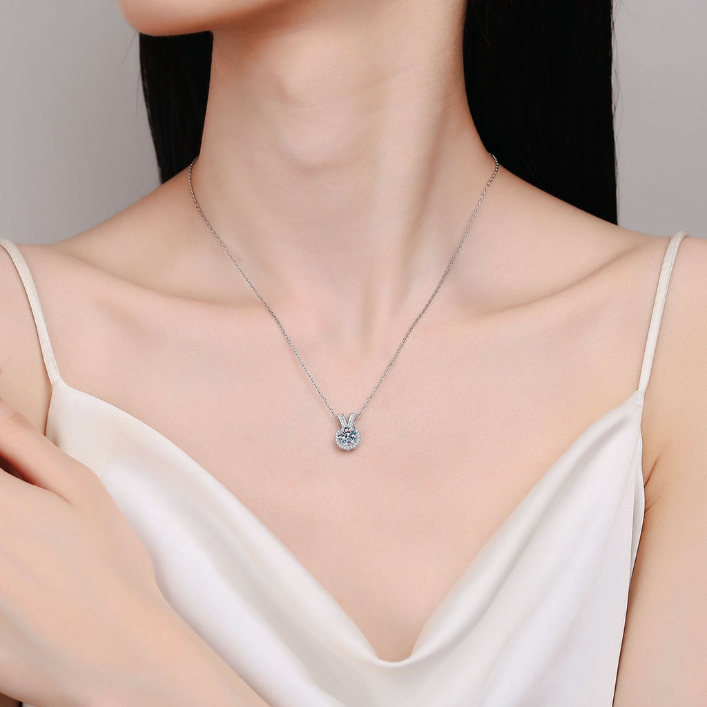 V Halo Moissanite Pendant Necklace with CZ in Rhodium-Plated S925 sterling silver neckline model view showing pendant scale and adjustable chain