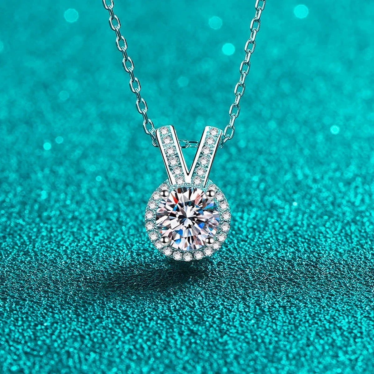 V Halo Moissanite Pendant Necklace with CZ in Rhodium-Plated S925 sterling silver close-up product scene showing pendant setting