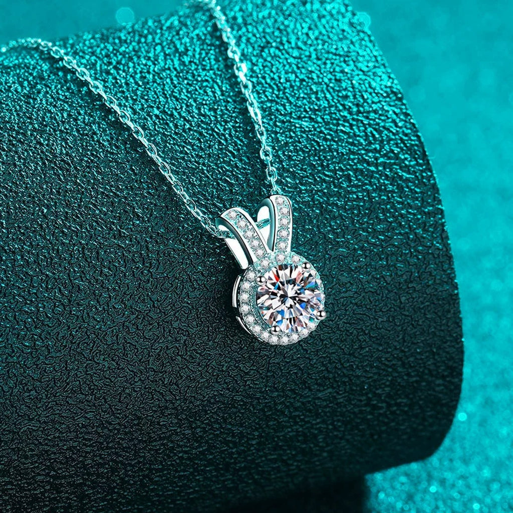 V Halo Moissanite Pendant Necklace with CZ in Rhodium-Plated S925 sterling silver angled product detail view