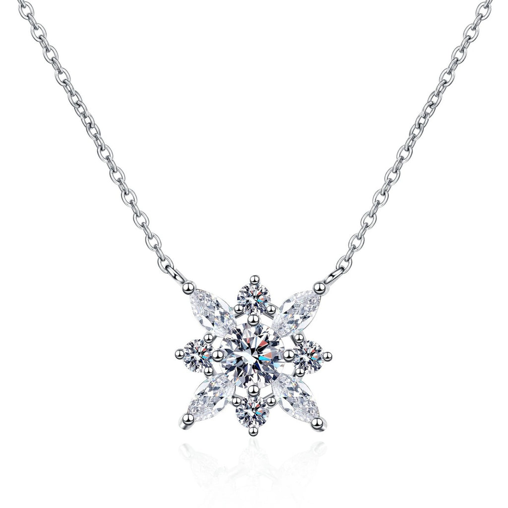Floral Moissanite Pendant Necklace with CZ in Rhodium-Plated S925 sterling silver white background product photo showing floral pendant with a round moissanite center and CZ petal accents