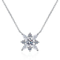 Floral Moissanite Pendant Necklace with CZ in Rhodium-Plated S925 sterling silver white background product photo showing floral pendant with a round moissanite center and CZ petal accents