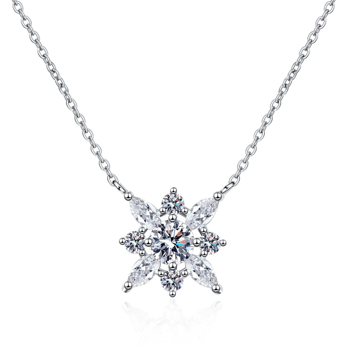 Floral Moissanite Pendant Necklace with CZ in Rhodium-Plated S925 sterling silver white background product photo showing floral pendant with a round moissanite center and CZ petal accents