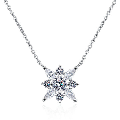 Floral Moissanite Pendant Necklace with CZ in Rhodium-Plated S925 sterling silver white background product photo showing floral pendant with a round moissanite center and CZ petal accents