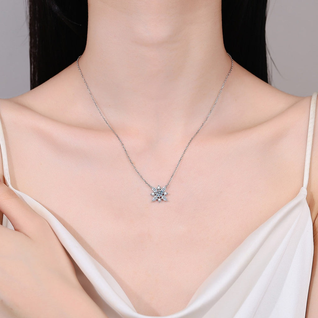 Floral Moissanite Pendant Necklace with CZ in Rhodium-Plated S925 sterling silver neckline model view showing pendant scale and adjustable chain