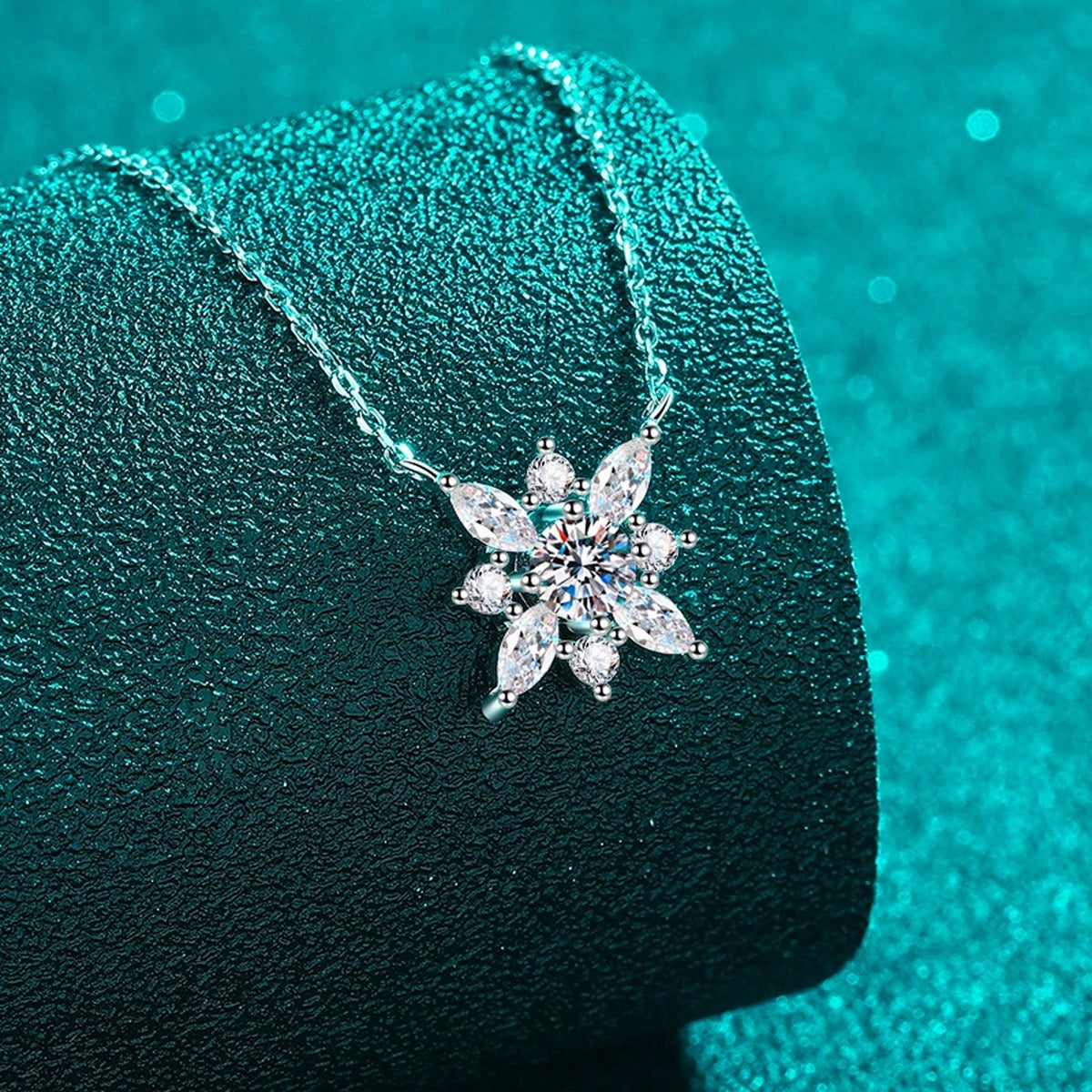 Floral Moissanite Pendant Necklace with CZ in Rhodium-Plated S925 sterling silver close-up product scene showing pendant setting