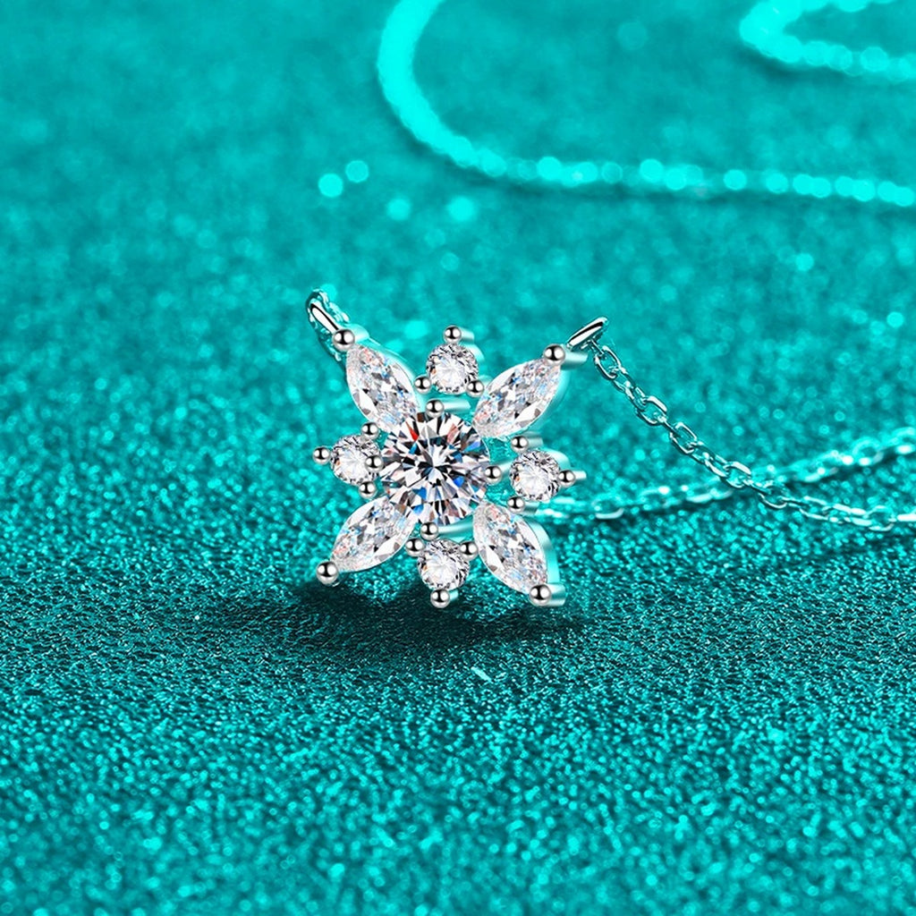 Floral Moissanite Pendant Necklace with CZ in Rhodium-Plated S925 sterling silver blue display scene showing chain and stone layout