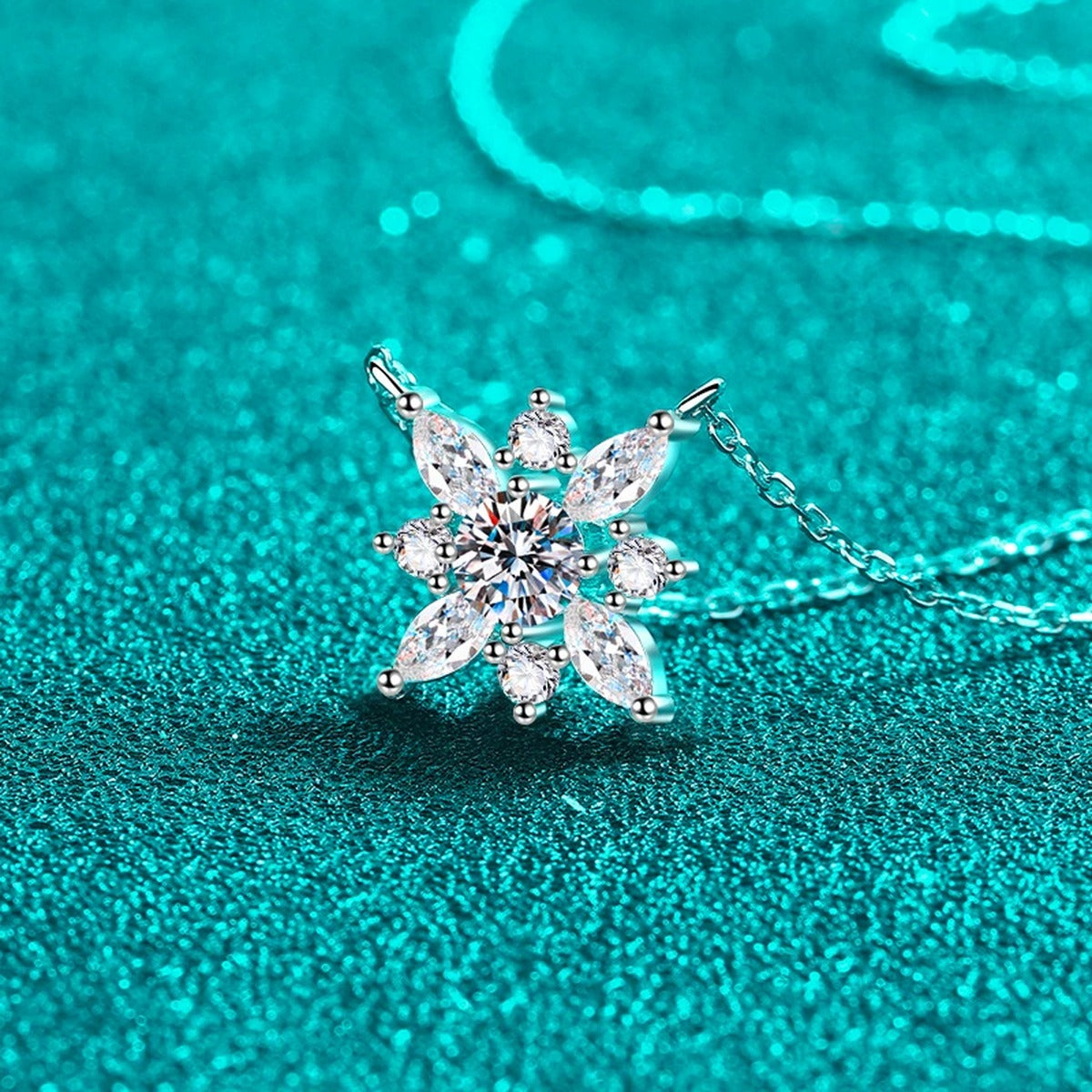 Floral Moissanite Pendant Necklace with CZ in Rhodium-Plated S925 sterling silver blue display scene showing chain and stone layout