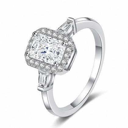 Emerald and Radiant Cut Moissanite Engagement Ring with CZ in rhodium-plated S925 sterling silver on clean white background