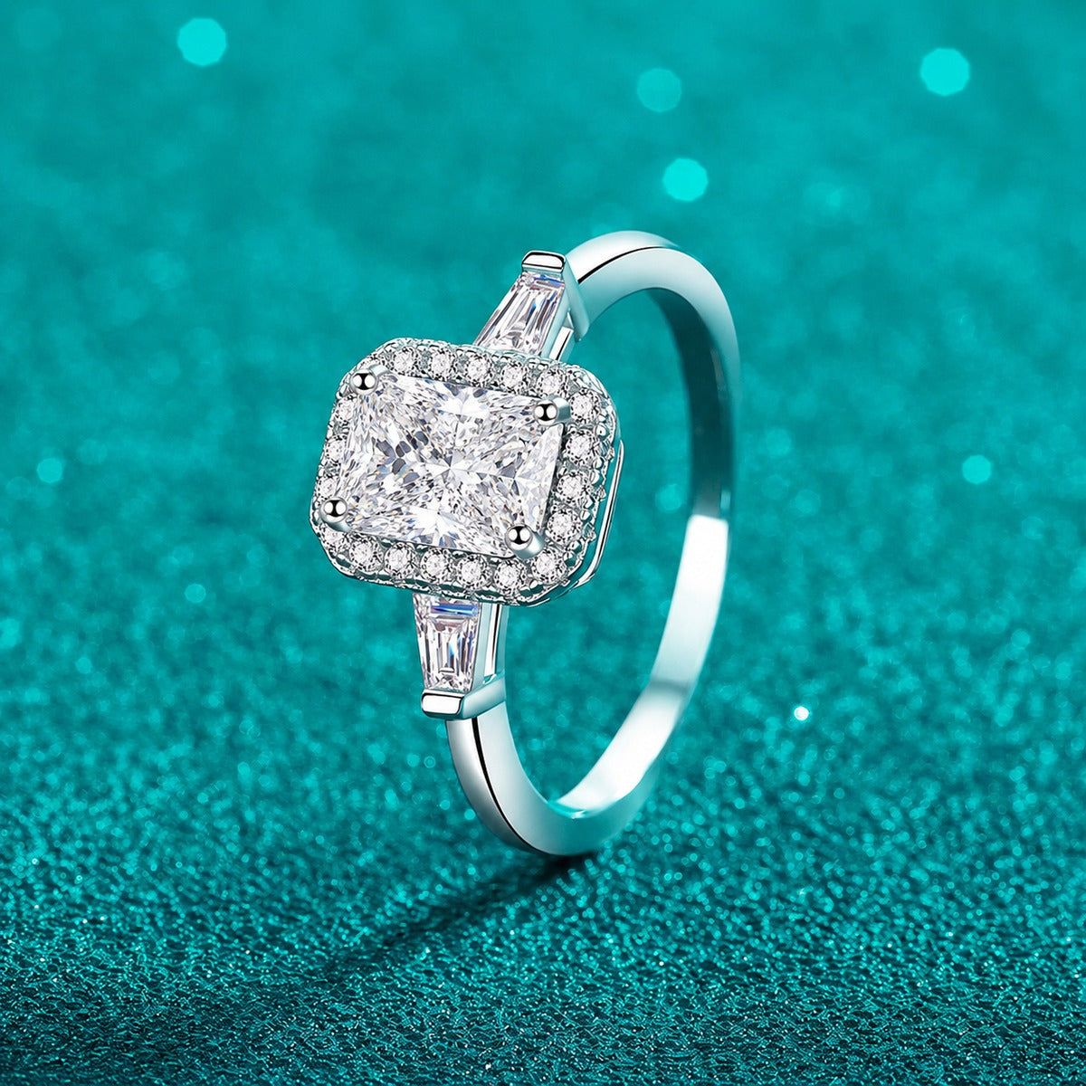 Emerald and Radiant Cut Moissanite Engagement Ring with CZ product view showing moissanite setting and metal finish