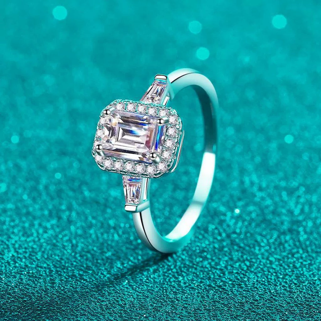 Emerald and Radiant Cut Moissanite Engagement Ring with CZ product view showing moissanite setting and metal finish