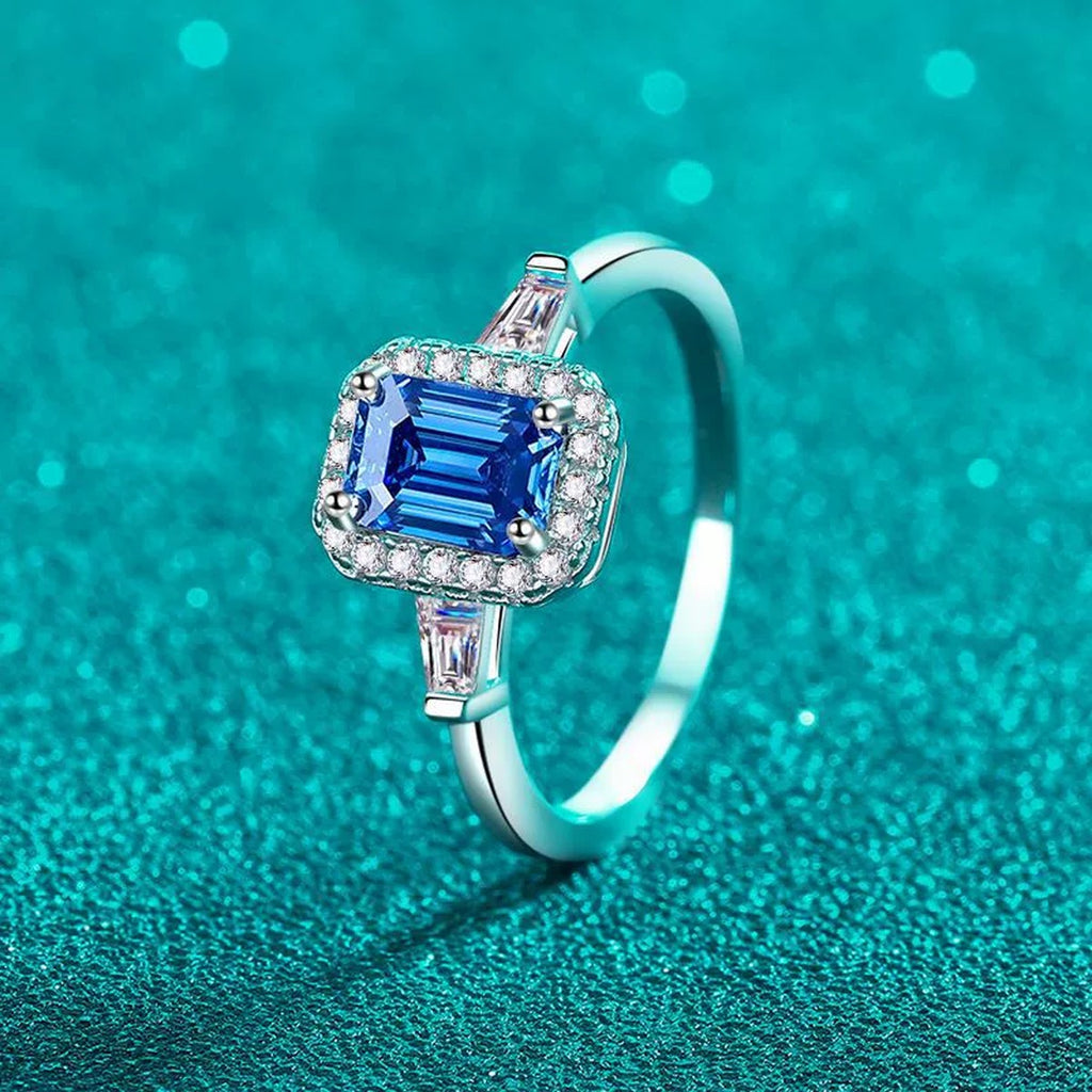 Emerald and Radiant Cut Moissanite Engagement Ring with CZ product view showing moissanite setting and metal finish