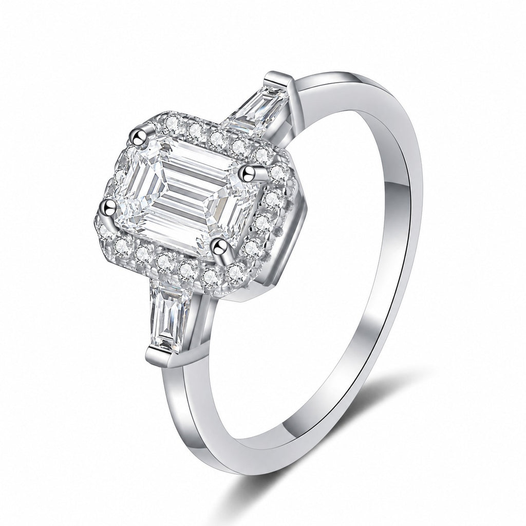 Emerald and Radiant Cut Moissanite Engagement Ring with CZ in rhodium-plated S925 sterling silver on clean white background