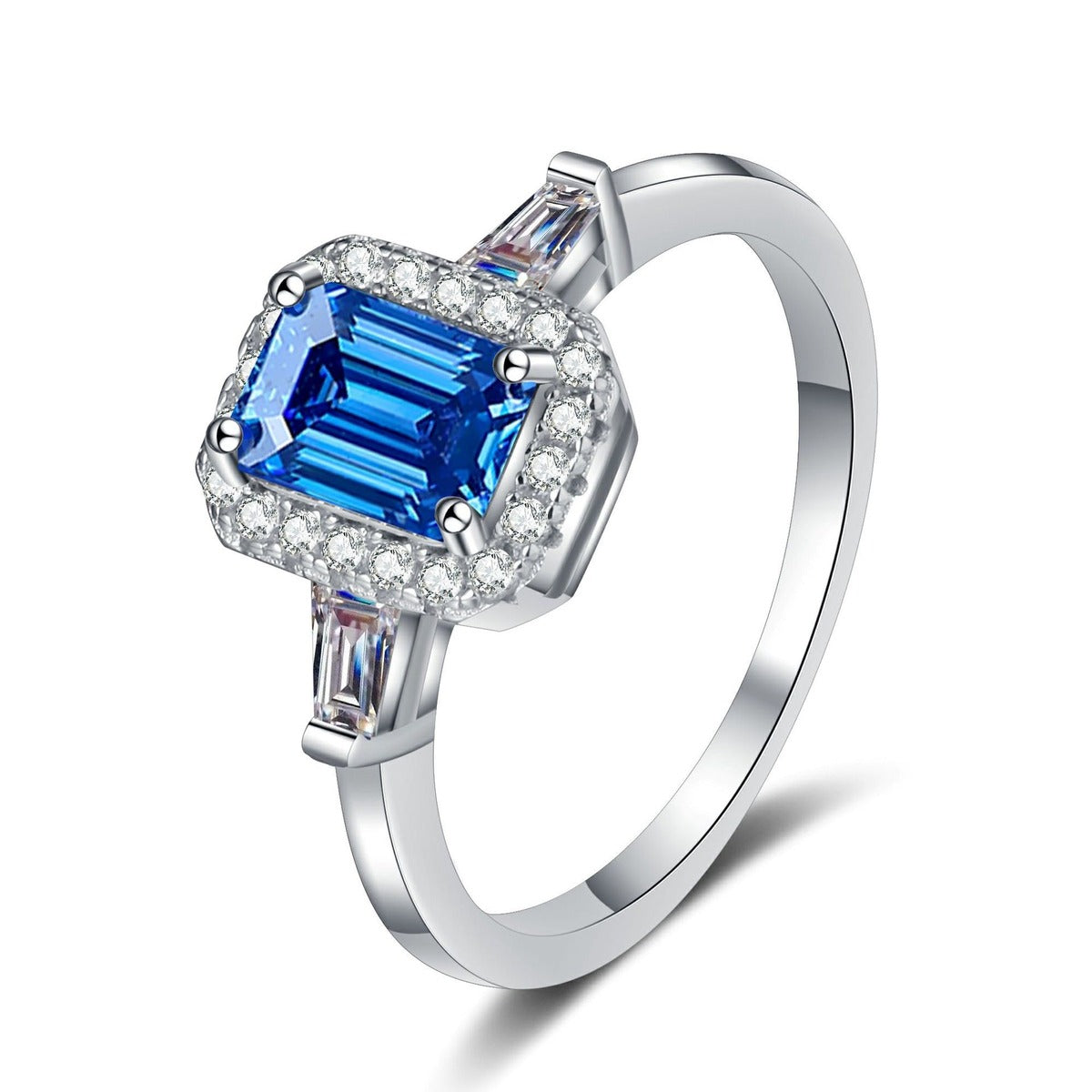 Emerald and Radiant Cut Moissanite Engagement Ring with CZ in rhodium-plated S925 sterling silver on clean white background