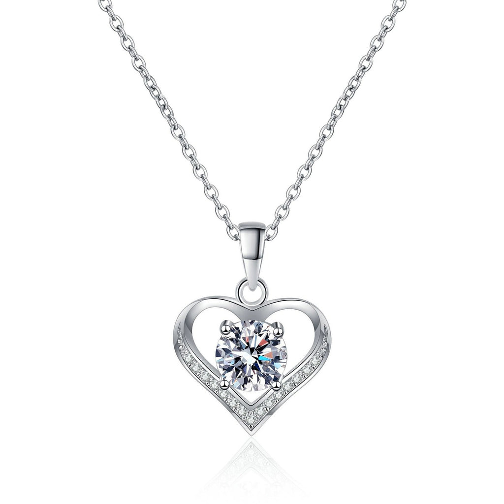 Heart Moissanite Pendant Necklace with CZ in Rhodium-Plated S925 sterling silver white background product photo showing heart pendant with a round moissanite center and CZ frame
