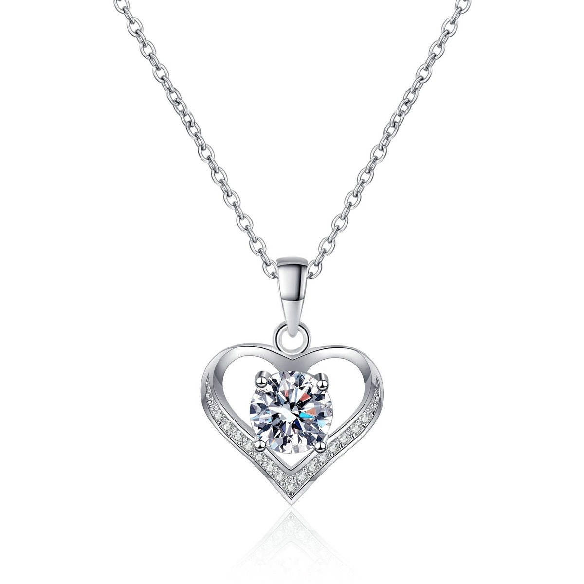 Heart Moissanite Pendant Necklace with CZ in Rhodium-Plated S925 sterling silver white background product photo showing heart pendant with a round moissanite center and CZ frame