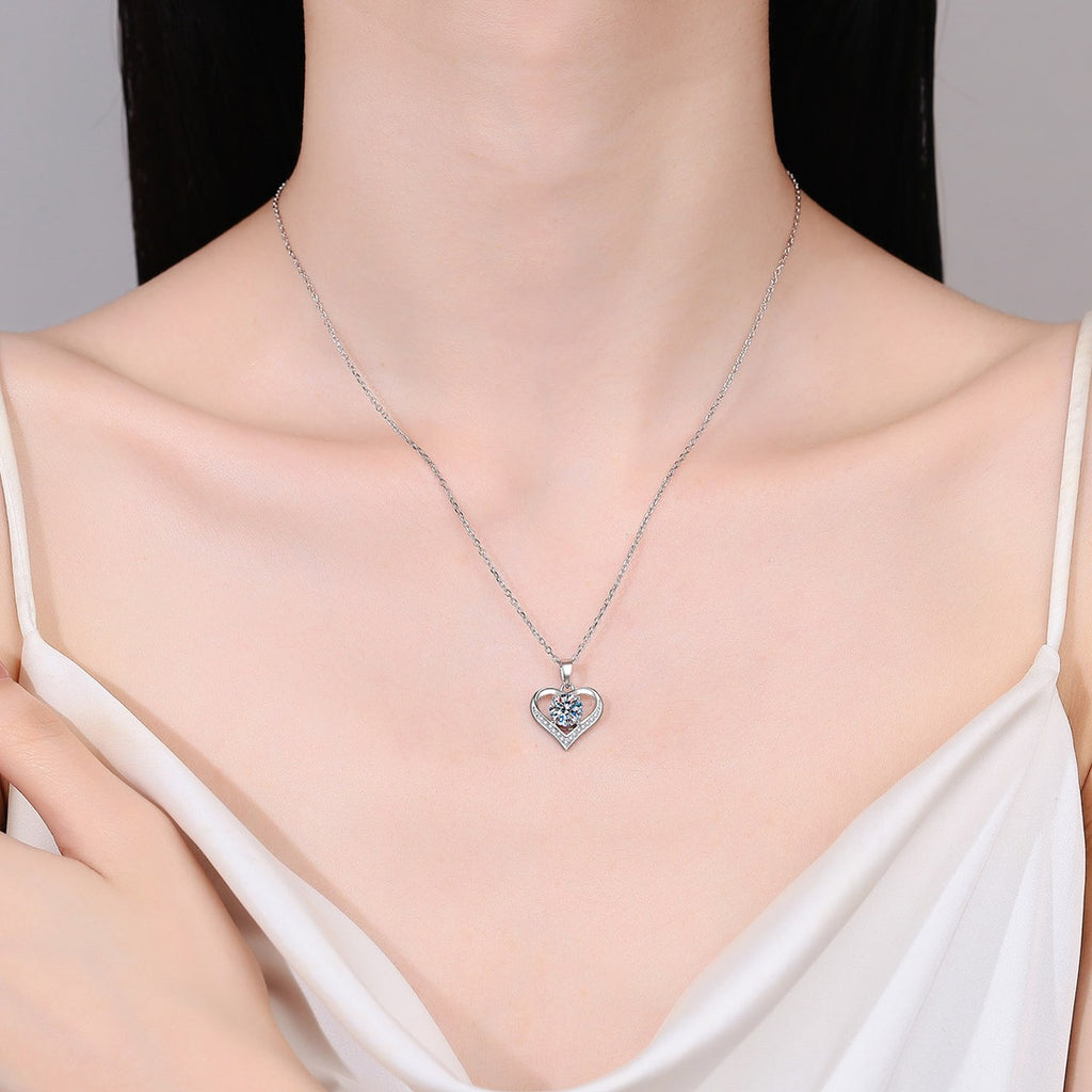 Heart Moissanite Pendant Necklace with CZ in Rhodium-Plated S925 sterling silver neckline model view showing pendant scale and chain length
