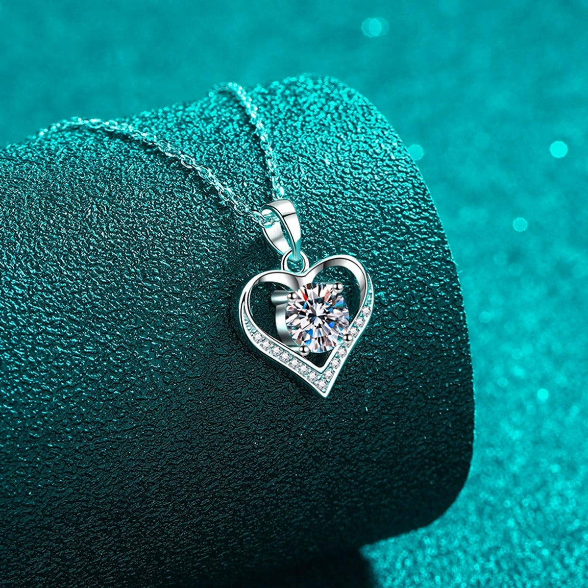 Heart Moissanite Pendant Necklace with CZ in Rhodium-Plated S925 sterling silver close-up product scene showing pendant setting