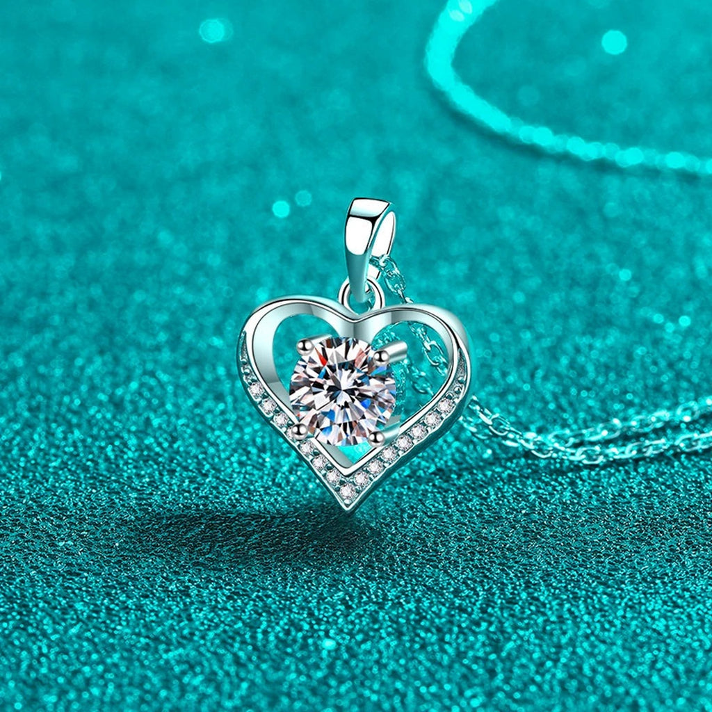 Heart Moissanite Pendant Necklace with CZ in Rhodium-Plated S925 sterling silver display scene showing chain and stone layout