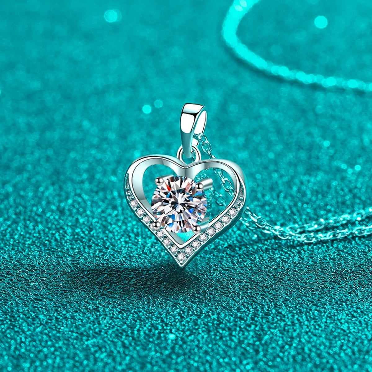 Heart Moissanite Pendant Necklace with CZ in Rhodium-Plated S925 sterling silver display scene showing chain and stone layout