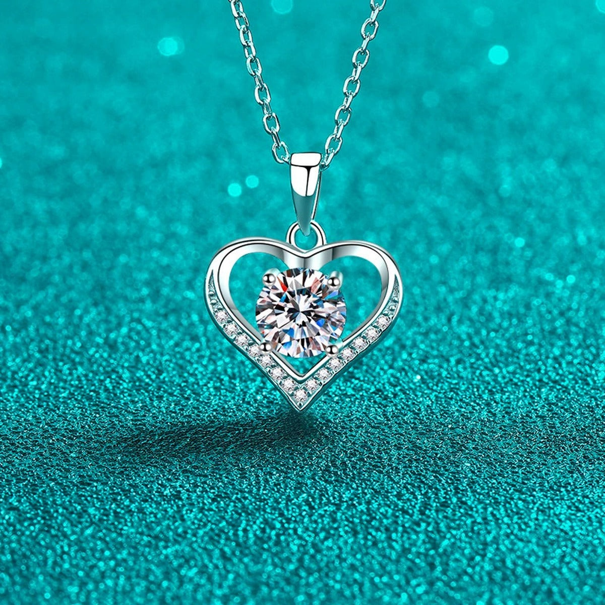 Heart Moissanite Pendant Necklace with CZ in Rhodium-Plated S925 sterling silver angled product detail view