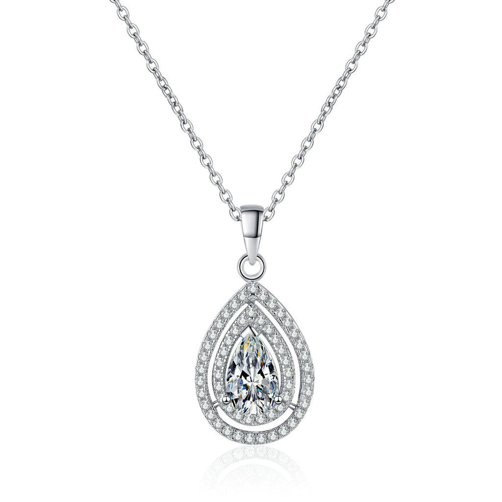 Pear Cut Halo Moissanite Pendant Necklace with CZ in Rhodium-Plated S925 sterling silver white background product photo showing pear-cut teardrop halo pendant with CZ accents