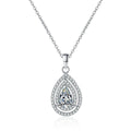 Pear Cut Halo Moissanite Pendant Necklace with CZ in Rhodium-Plated S925 sterling silver white background product photo showing pear-cut teardrop halo pendant with CZ accents