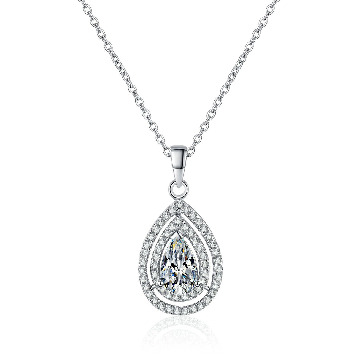 Pear Cut Halo Moissanite Pendant Necklace with CZ in Rhodium-Plated S925 sterling silver white background product photo showing pear-cut teardrop halo pendant with CZ accents
