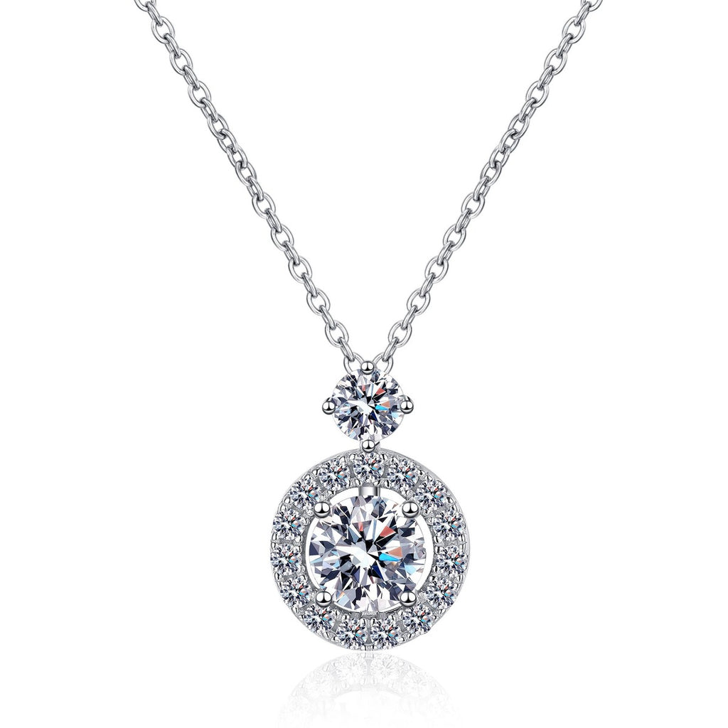 Round Halo Moissanite Pendant Necklace with CZ in Rhodium-Plated S925 sterling silver white background product photo showing round halo pendant with small round moissanite accent above the center