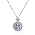 Round Halo Moissanite Pendant Necklace with CZ in Rhodium-Plated S925 sterling silver white background product photo showing round halo pendant with small round moissanite accent above the center