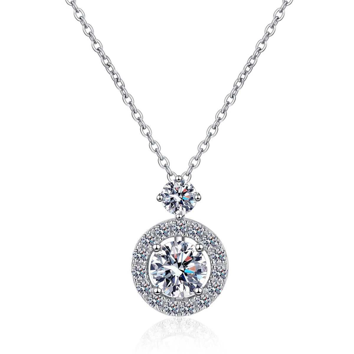 Round Halo Moissanite Pendant Necklace with CZ in Rhodium-Plated S925 sterling silver white background product photo showing round halo pendant with small round moissanite accent above the center