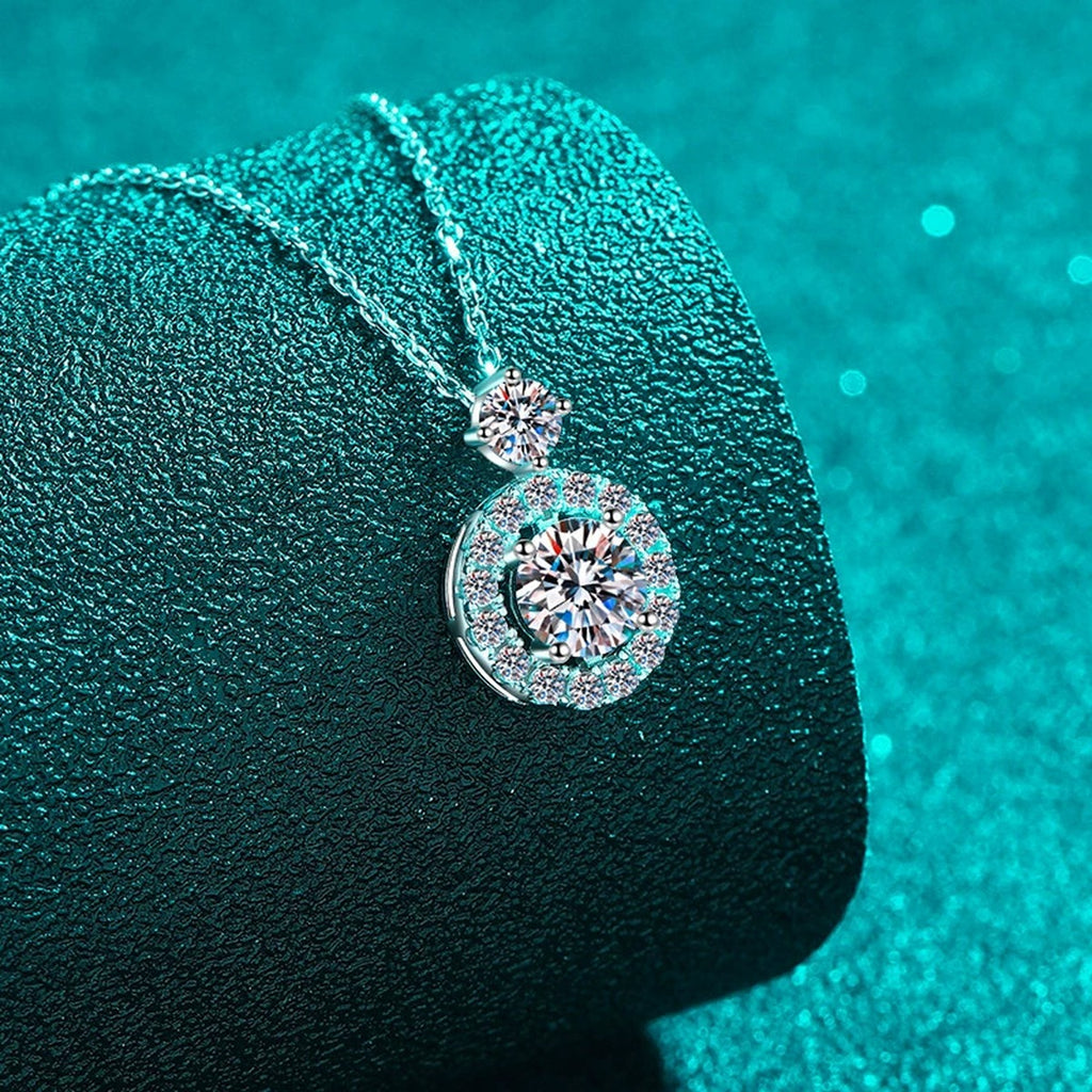 Round Halo Moissanite Pendant Necklace with CZ in Rhodium-Plated S925 sterling silver close-up product scene showing pendant setting