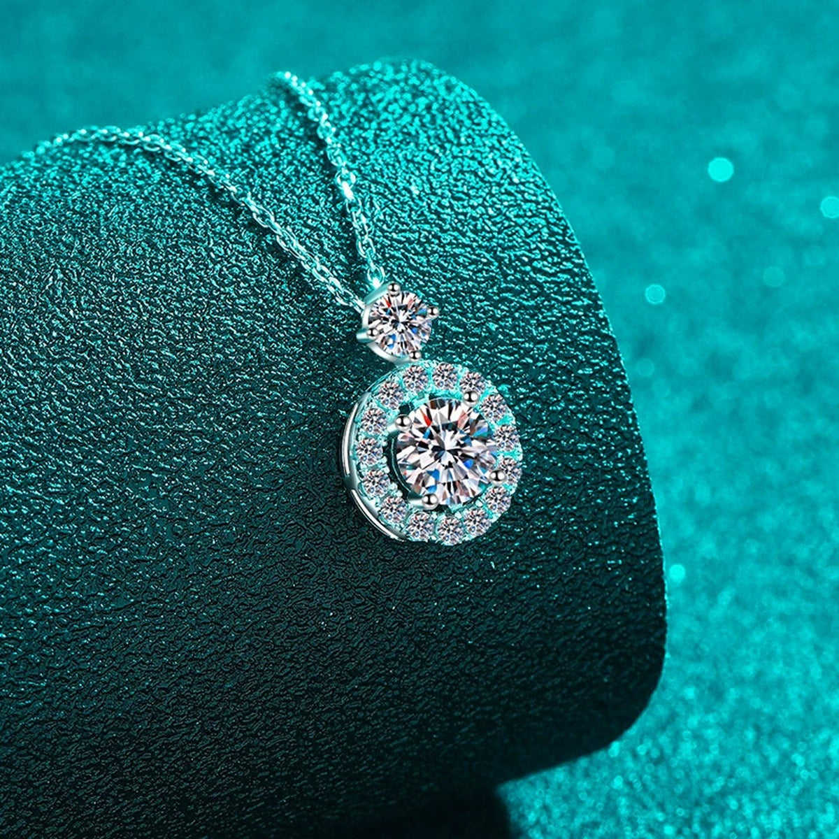Round Halo Moissanite Pendant Necklace with CZ in Rhodium-Plated S925 sterling silver close-up product scene showing pendant setting