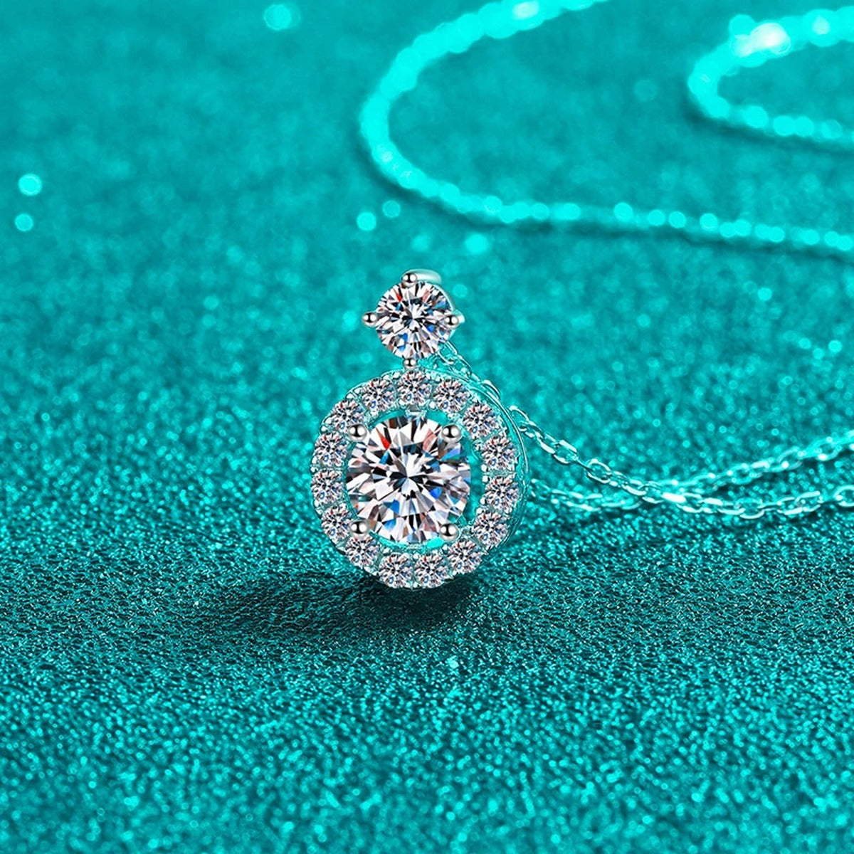 Round Halo Moissanite Pendant Necklace with CZ in Rhodium-Plated S925 sterling silver display scene showing chain and stone layout