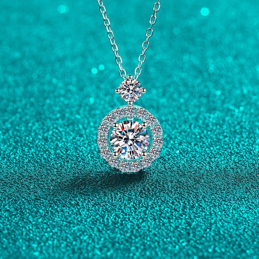 Round Halo Moissanite Pendant Necklace with CZ in Rhodium-Plated S925 sterling silver angled product detail view
