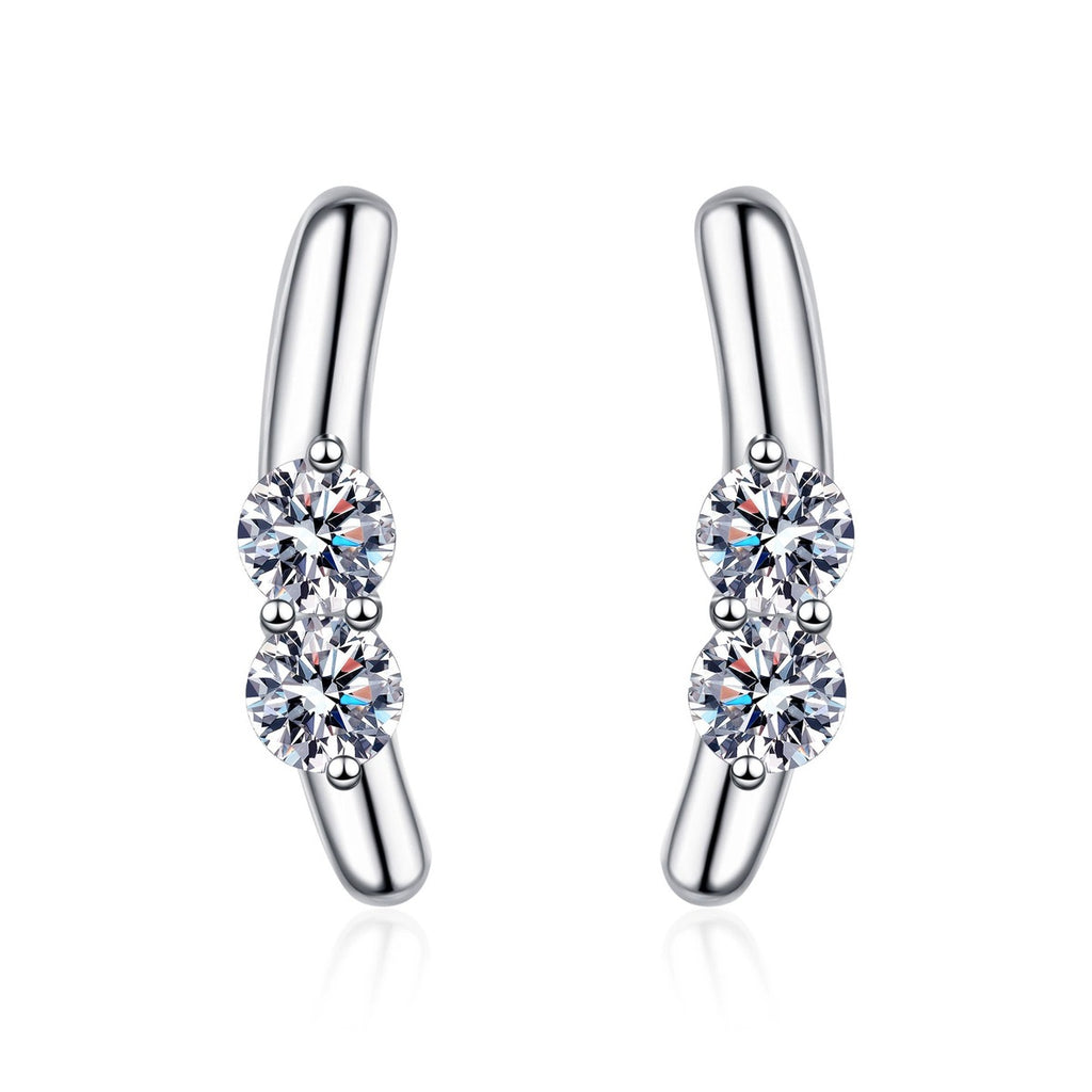 Round Moissanite Stud Ear Climber Earrings in Rhodium-Plated S925 sterling silver white background product photo showing the pair, stone shape, and stud earrings silhouette
