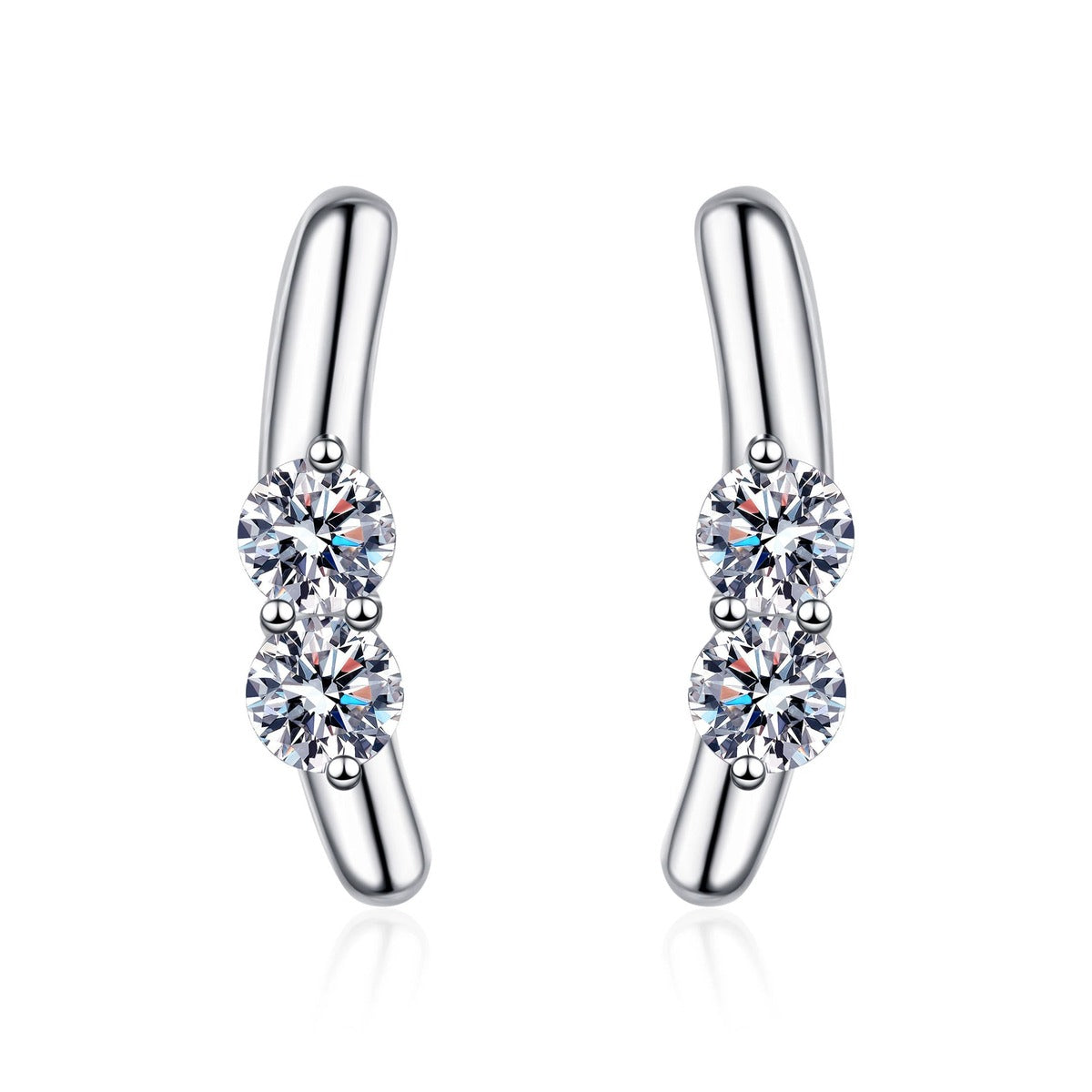 Round Moissanite Stud Ear Climber Earrings in Rhodium-Plated S925 sterling silver white background product photo showing the pair, stone shape, and stud earrings silhouette