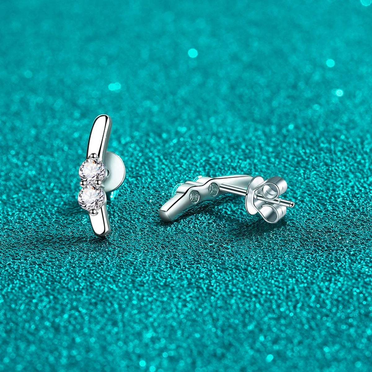 Round Moissanite Stud Ear Climber Earrings in Rhodium-Plated S925 sterling silver product scene view showing front sparkle