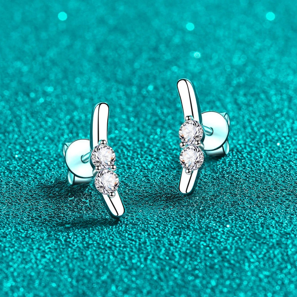 Round Moissanite Stud Ear Climber Earrings in Rhodium-Plated S925 sterling silver product scene view showing angled setting detail