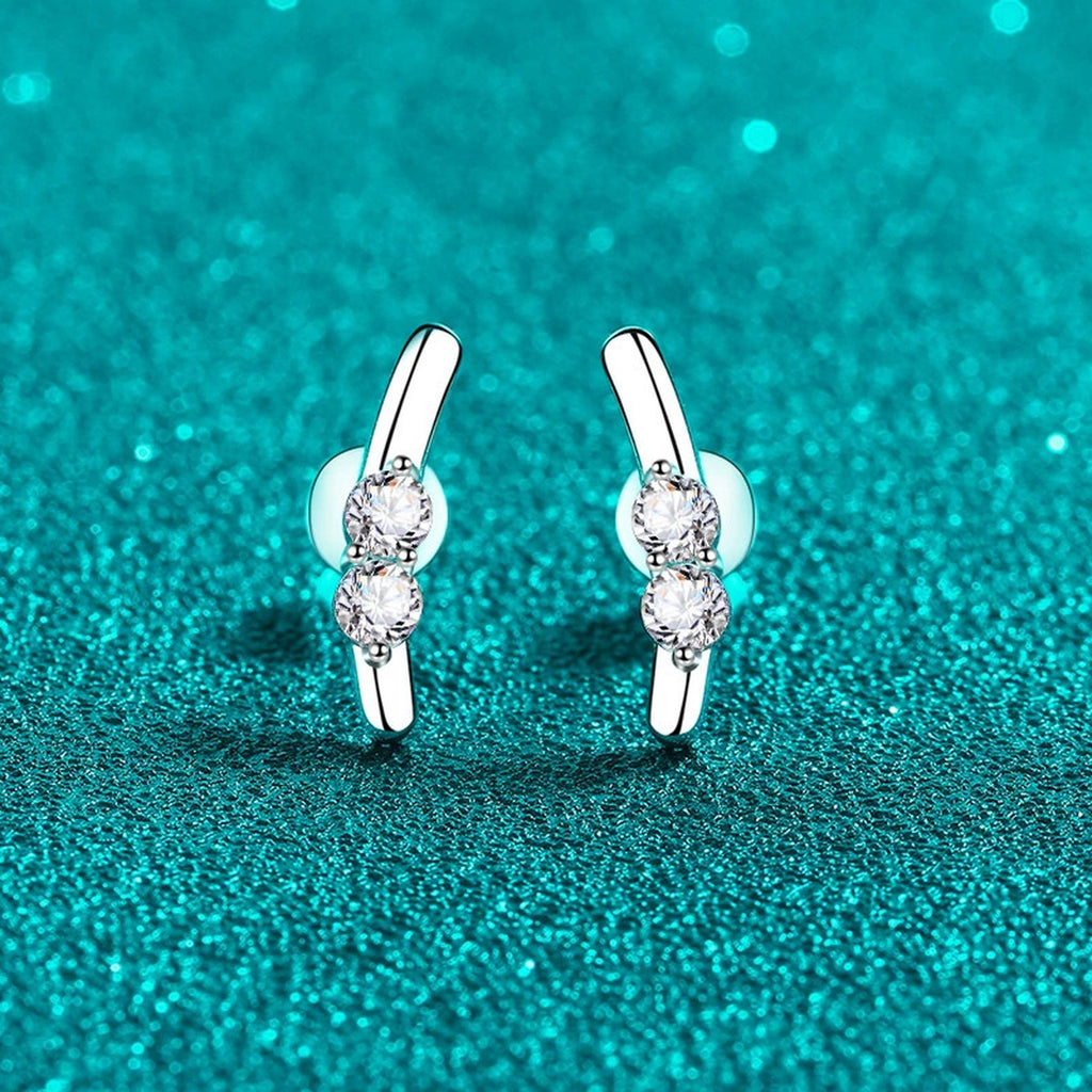 Round Moissanite Stud Ear Climber Earrings in Rhodium-Plated S925 sterling silver product scene view showing side profile