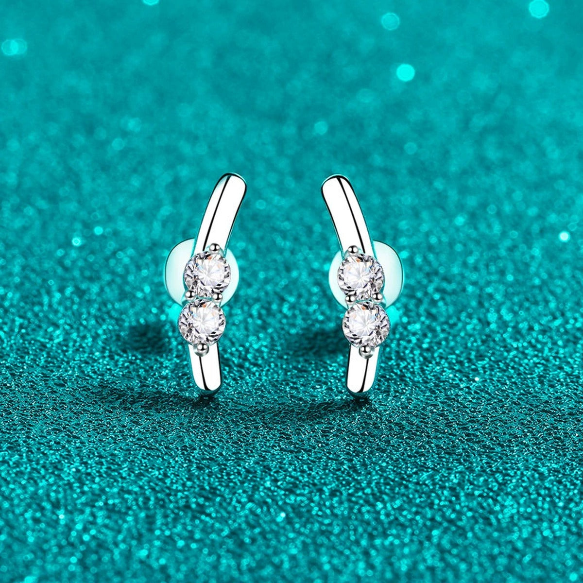 Round Moissanite Stud Ear Climber Earrings in Rhodium-Plated S925 sterling silver product scene view showing side profile