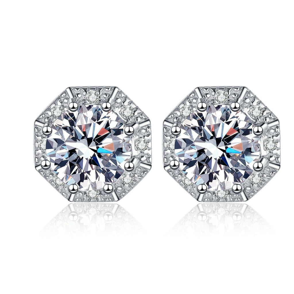 Round Halo Moissanite Stud Earrings with CZ in Rhodium-Plated S925 sterling silver white background product photo showing the pair, stone shape, and stud earrings silhouette