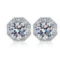 Round Halo Moissanite Stud Earrings with CZ in Rhodium-Plated S925 sterling silver white background product photo showing the pair, stone shape, and stud earrings silhouette