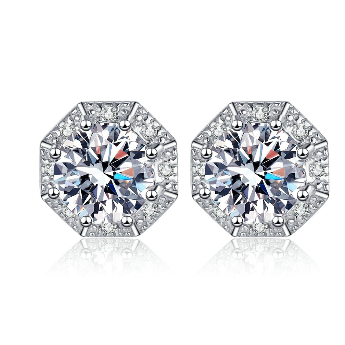 Round Halo Moissanite Stud Earrings with CZ in Rhodium-Plated S925 sterling silver white background product photo showing the pair, stone shape, and stud earrings silhouette