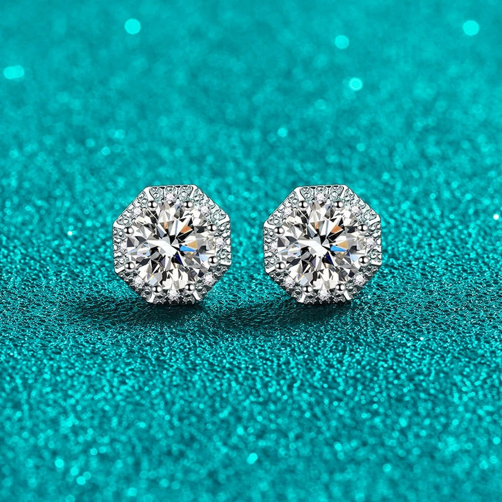 Round Halo Moissanite Stud Earrings with CZ in Rhodium-Plated S925 sterling silver product scene view showing front sparkle