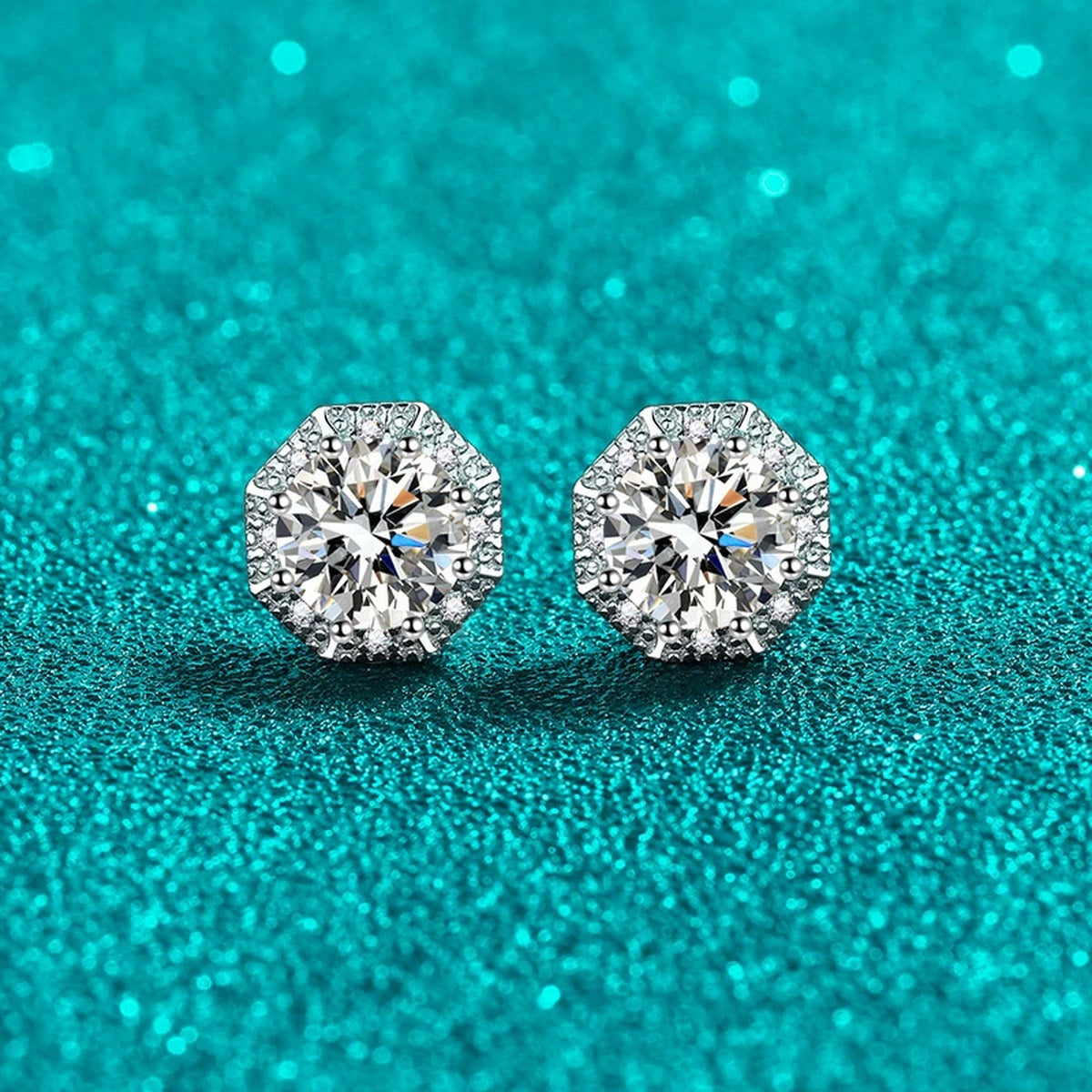 Round Halo Moissanite Stud Earrings with CZ in Rhodium-Plated S925 sterling silver product scene view showing front sparkle