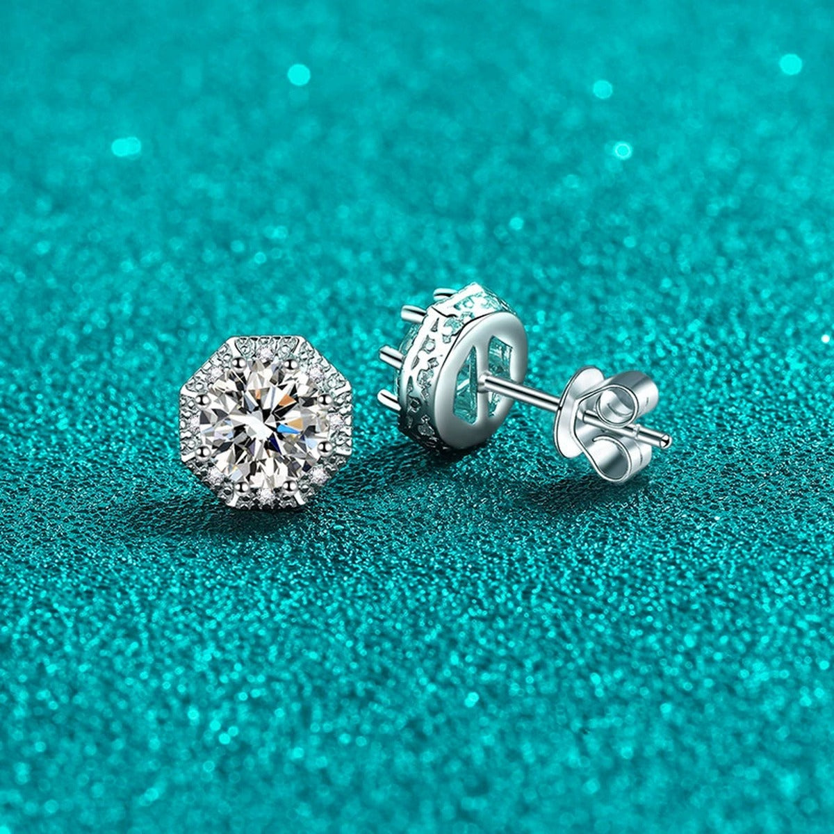 Round Halo Moissanite Stud Earrings with CZ in Rhodium-Plated S925 sterling silver product scene view showing angled setting detail